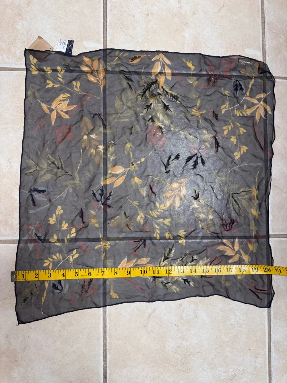 Harold's Vintage Silk Black Scarf with Mustard and Olive Leaf Print